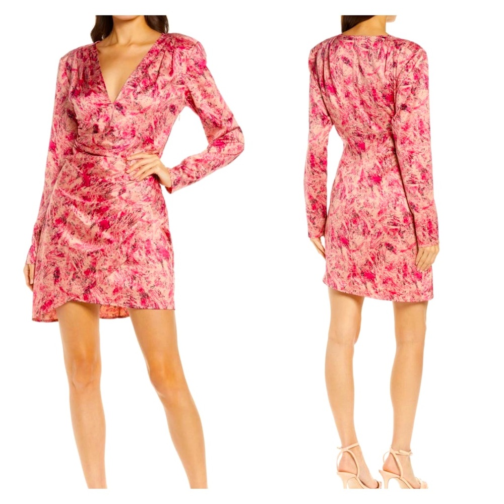 Chelsea28 splatter paint print long sleeve satin dress